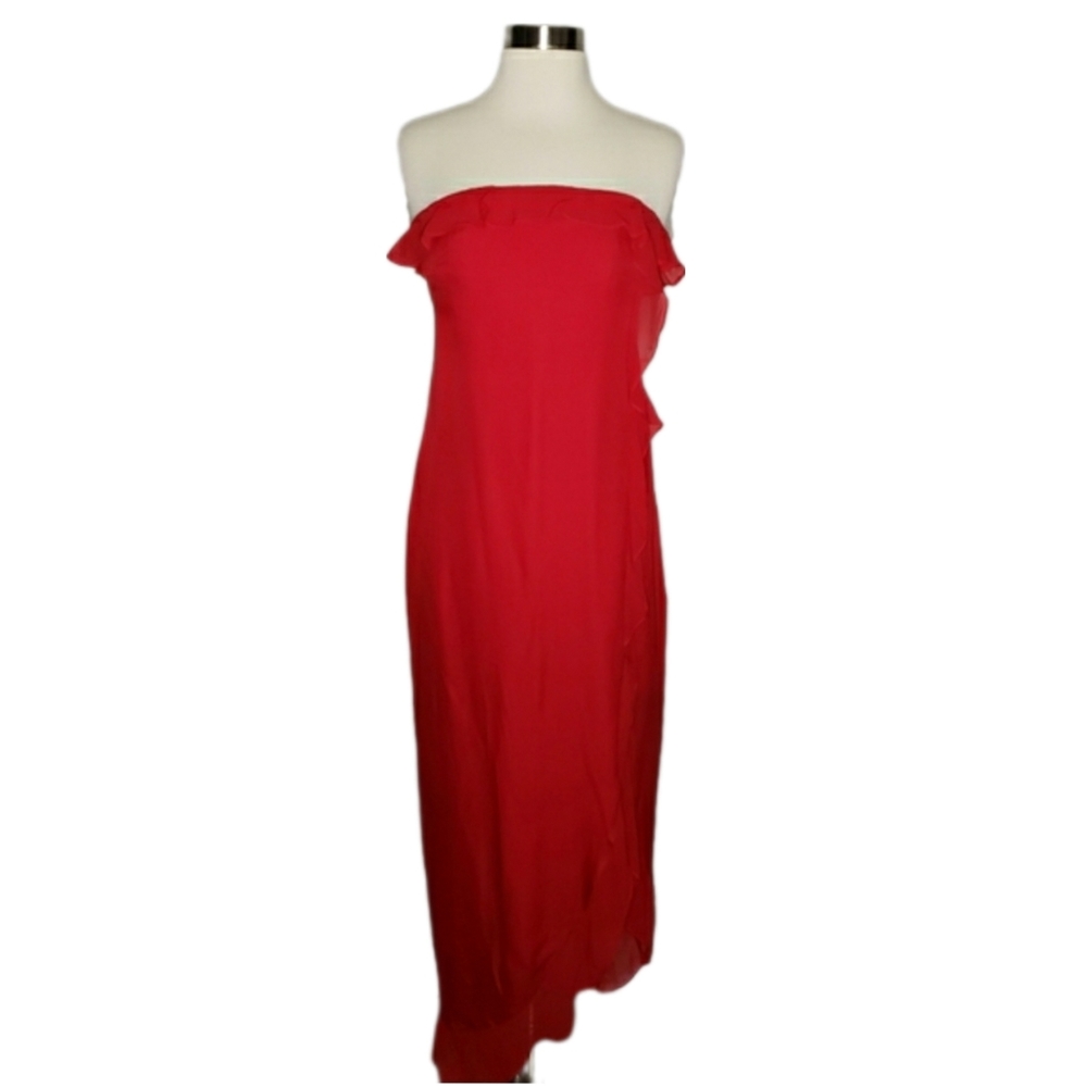 Lauren Ralph Lauren Red Silk Strapless Ruffle High Slit Gown Dress